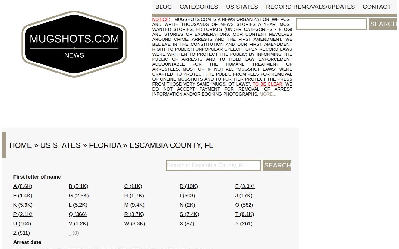 Unofficial Mugshots.com Escambia County historical mugshot section