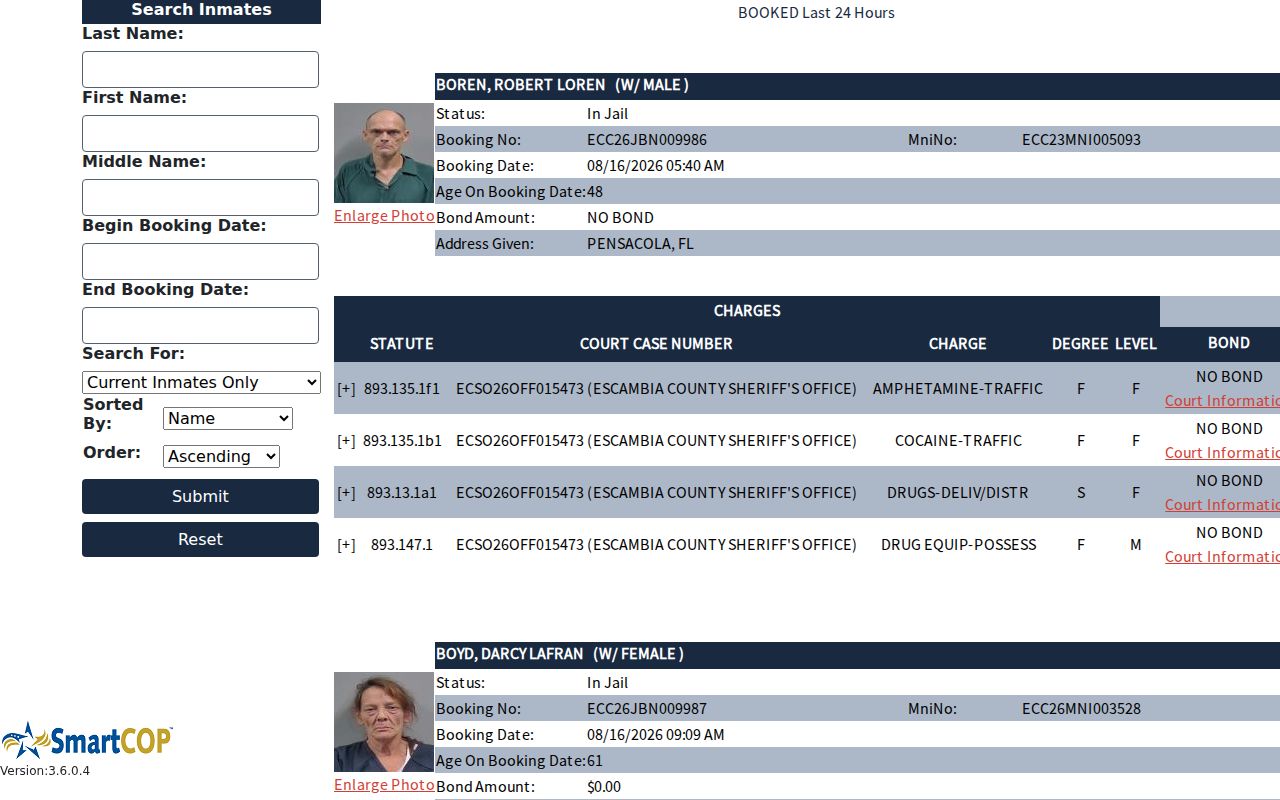 Escambia County Jail View booking record and mugshot search interface