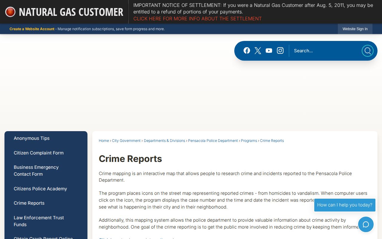 Pensacola police crime reports interface for arrest-record context